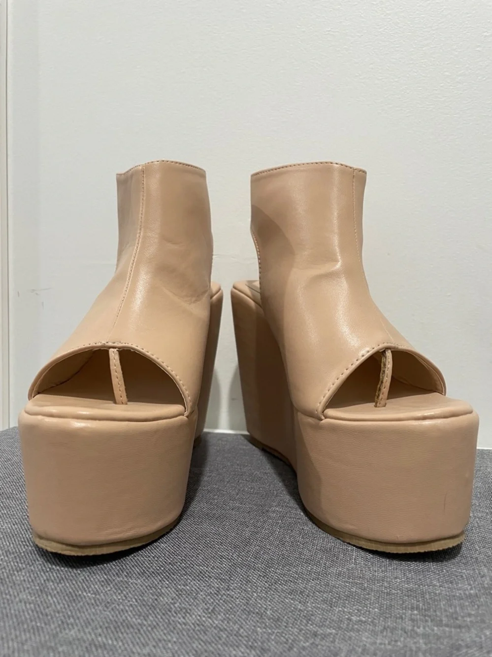 Camel tan leather Blush Platform Wedge Peep-Toe Sandals Velcro ankle straps